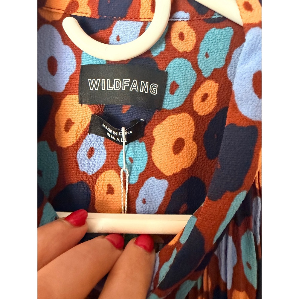 Wildfang The Empower Plisse Button Up Sleeveless Top Abstract Floral Orange Blue - Picture 3 of 5